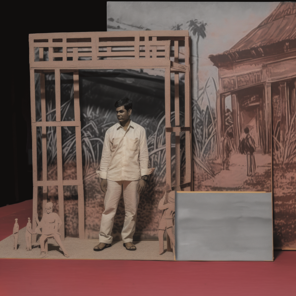 Artistic diorama of a Mauritian man in light attire framed by a wooden arch, juxtaposed against traditional scenery and carved figures on a sandy base.