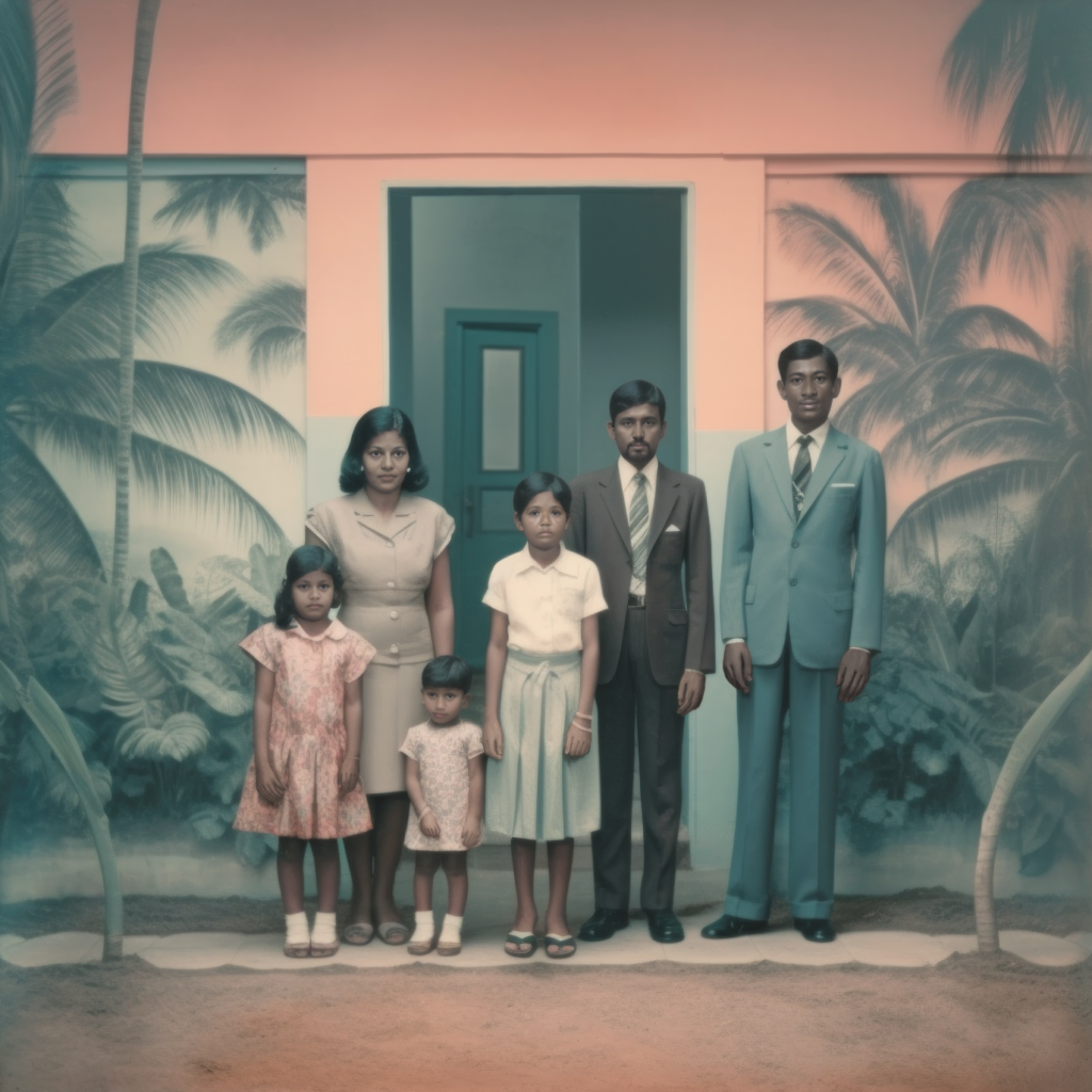 A formally posed Mauritian family of six stands against a soft architectural backdrop with tropical palm trees, exuding a sense of timelessness and nature.
