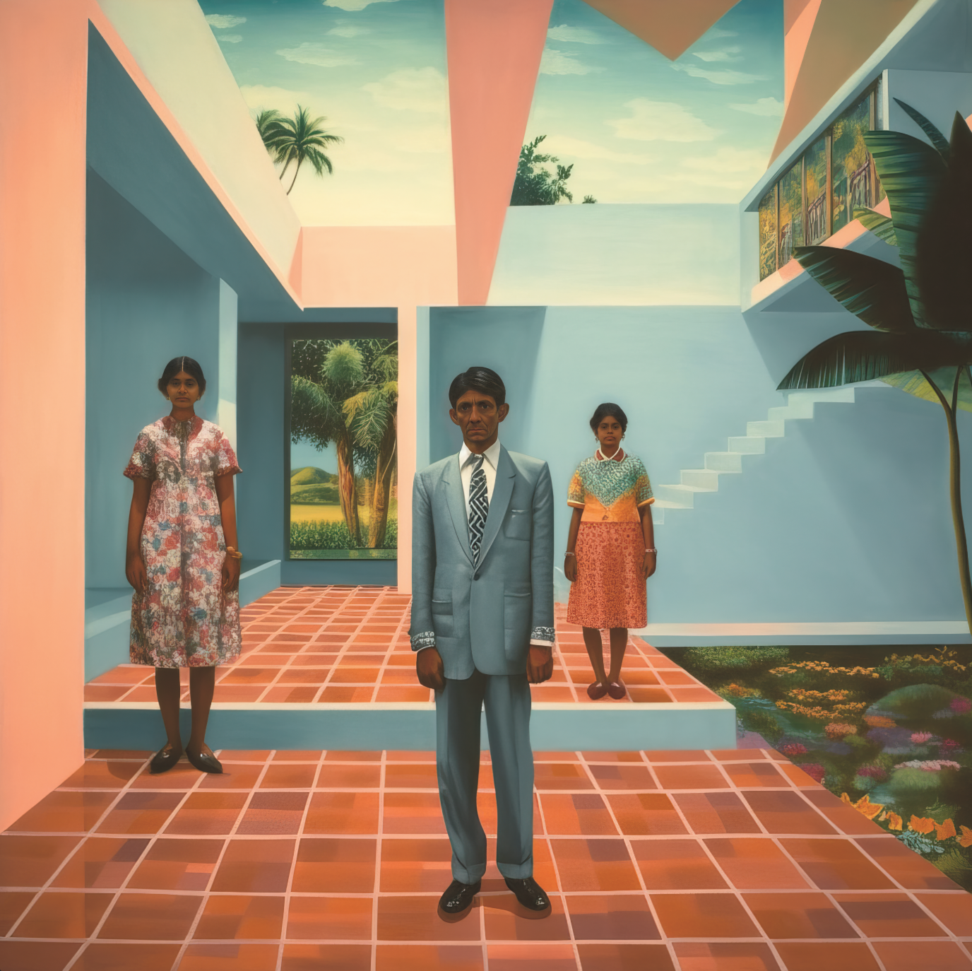 Three Mauritian people in formal wear stand in a pastel-colored architectural setting with tropical outdoor views, embodying a blend of modernism and nature.