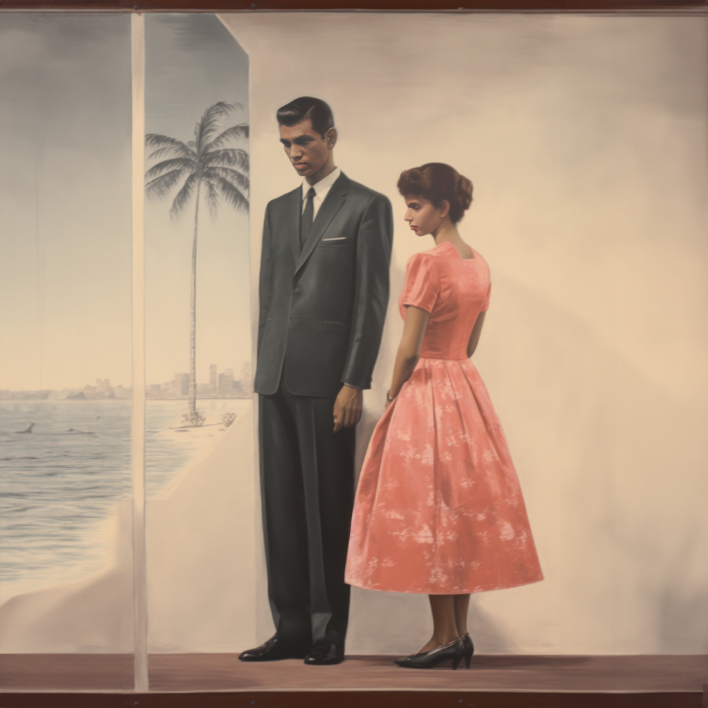 A man in a charcoal suit and a woman in a coral pink dress stand by the shore in a tropical country, with a city on the horizon behind them. Retro-inspired digital artwork.