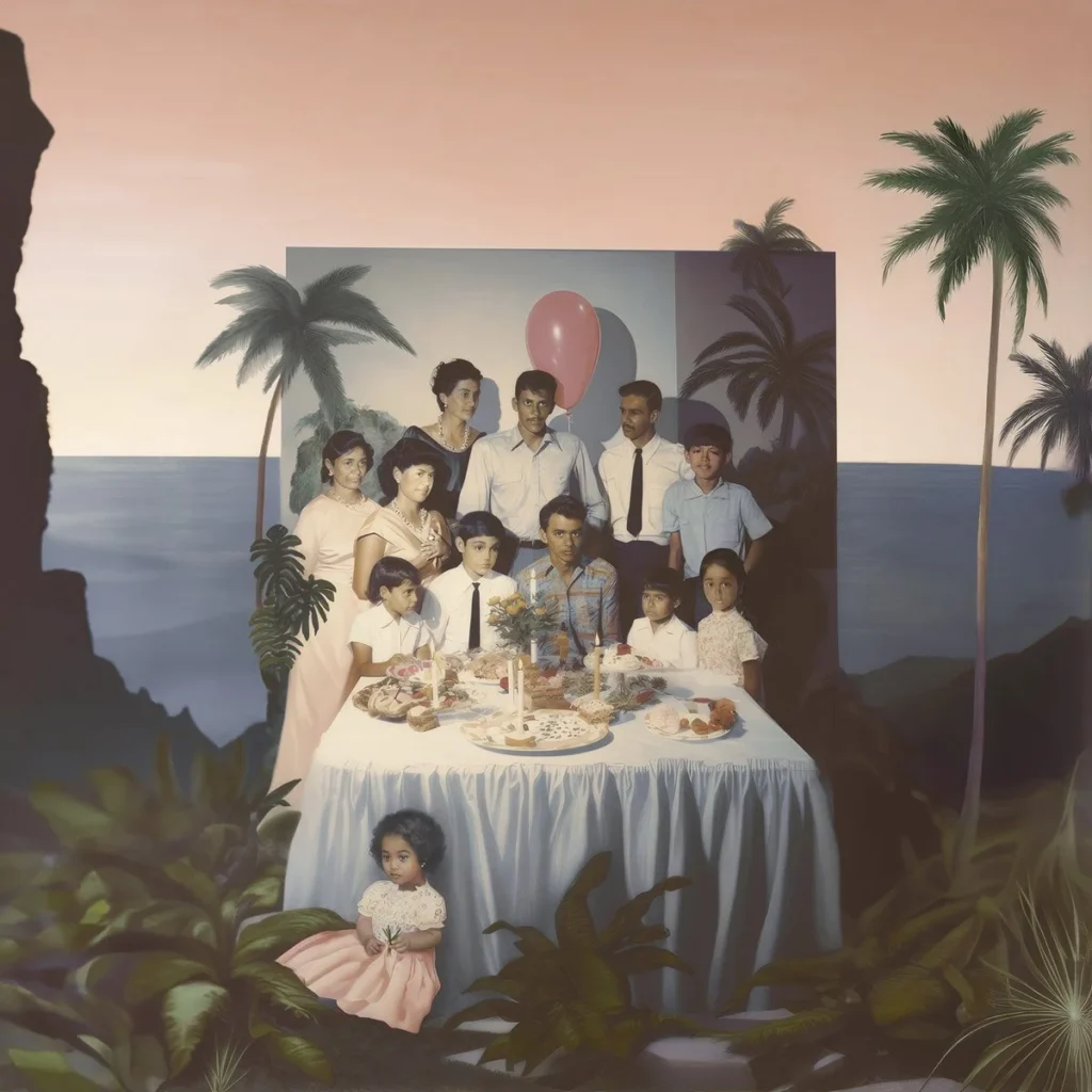 A family gather around a table covered in birthday cake and snacks. A backdrop of a room with a pink balloon sits behind them. This scene is set on top of a cliff in a tropical country, with palm trees, vegetation and rocks in the mid ground. In the background the sea is dark blue and the sky is sunset pink. A young girl resembling the artist sits in front of the table.