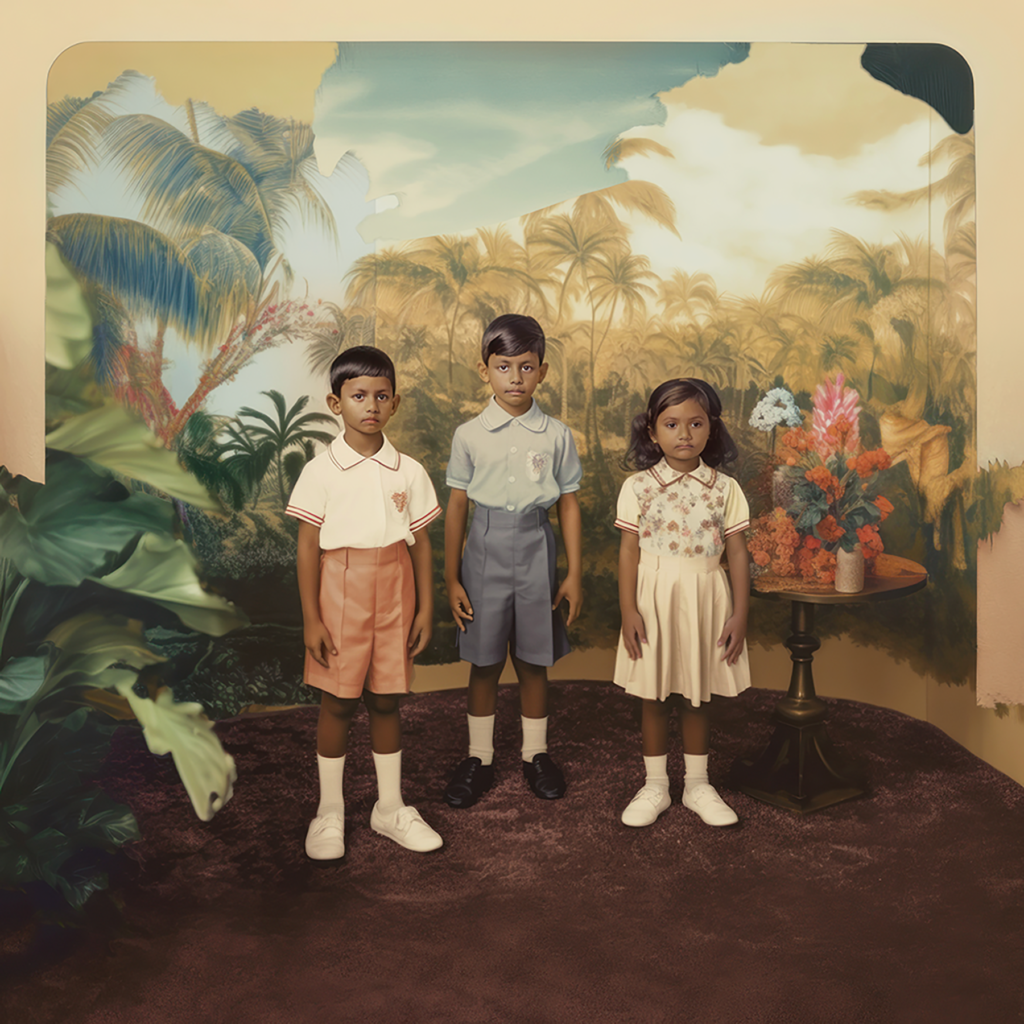 Three young children pose for their photo in a studio. They're wearing smart clothes and the backdrop behind them shows a tropical landscape and plants. A plant and a table with flowers on stand either side of the children.